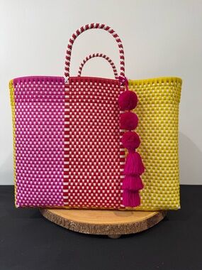 Artisanal Colorblock Woven Tote Bag - Pink, Red & Yellow